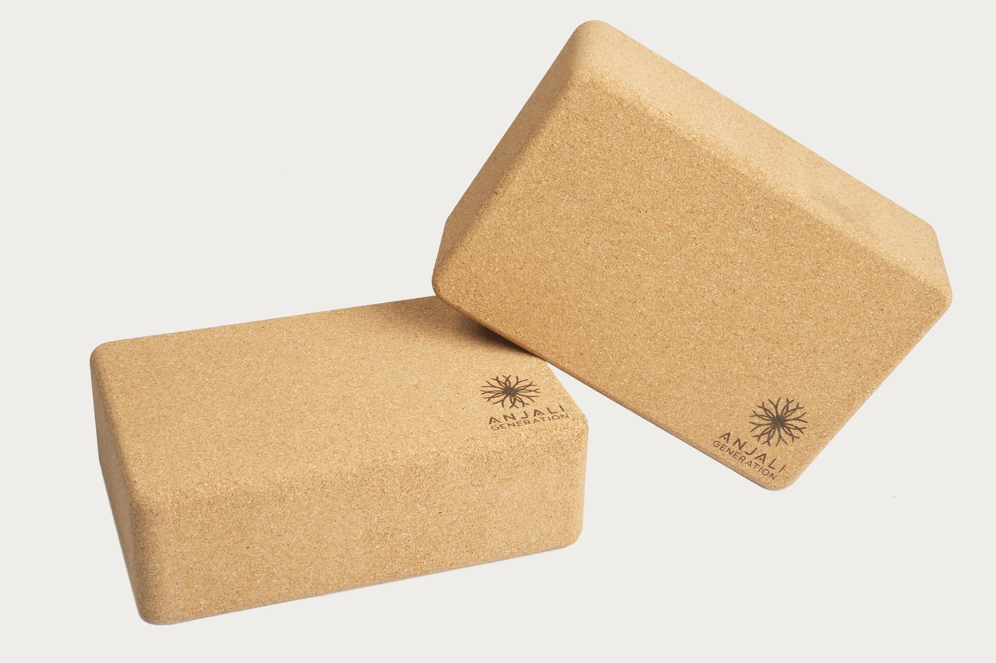 Two Anjali Generation cork yoga blocks on a light gray background