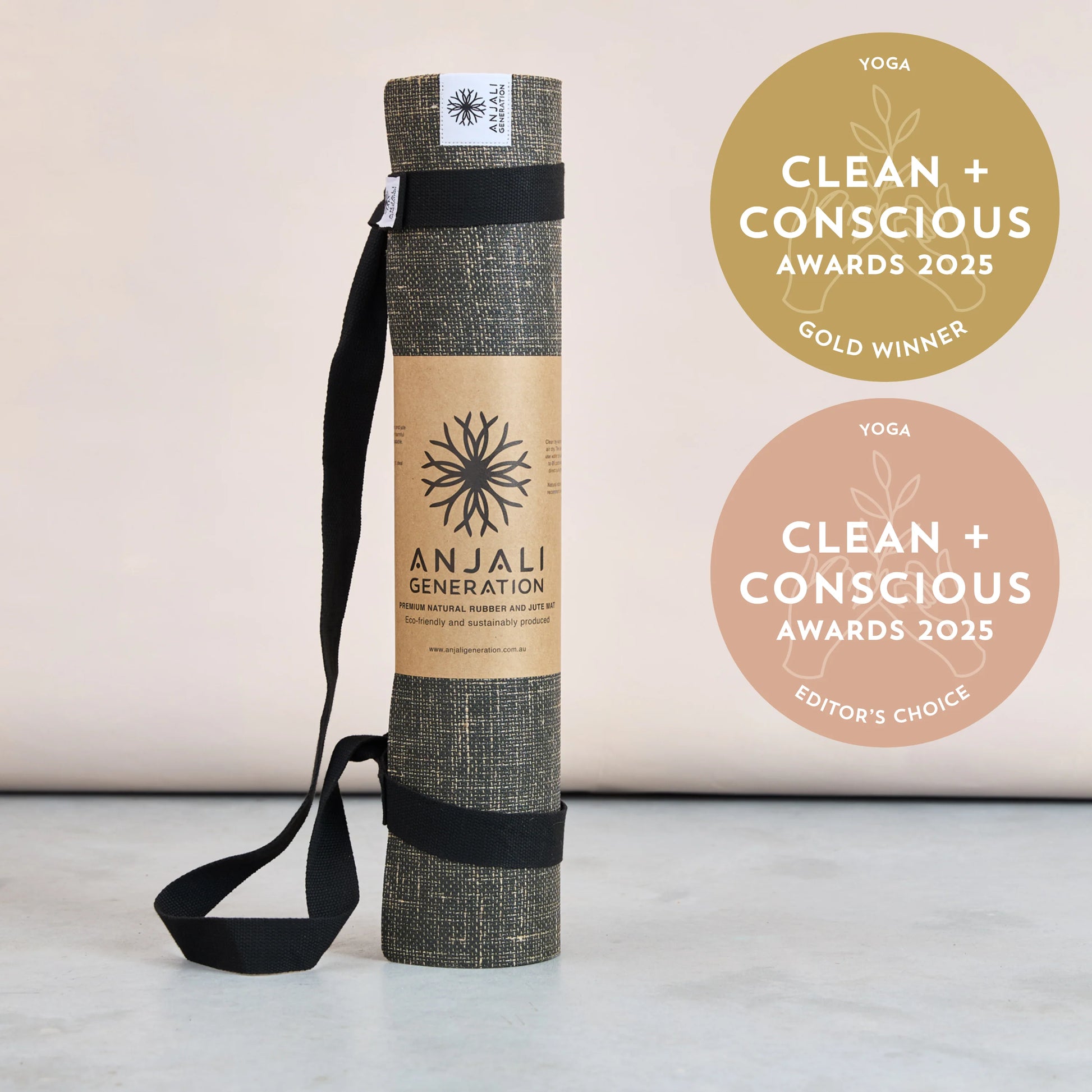 Yoga mat with Anjali Generation branding and Clean + Conscious Awards badges on a light background