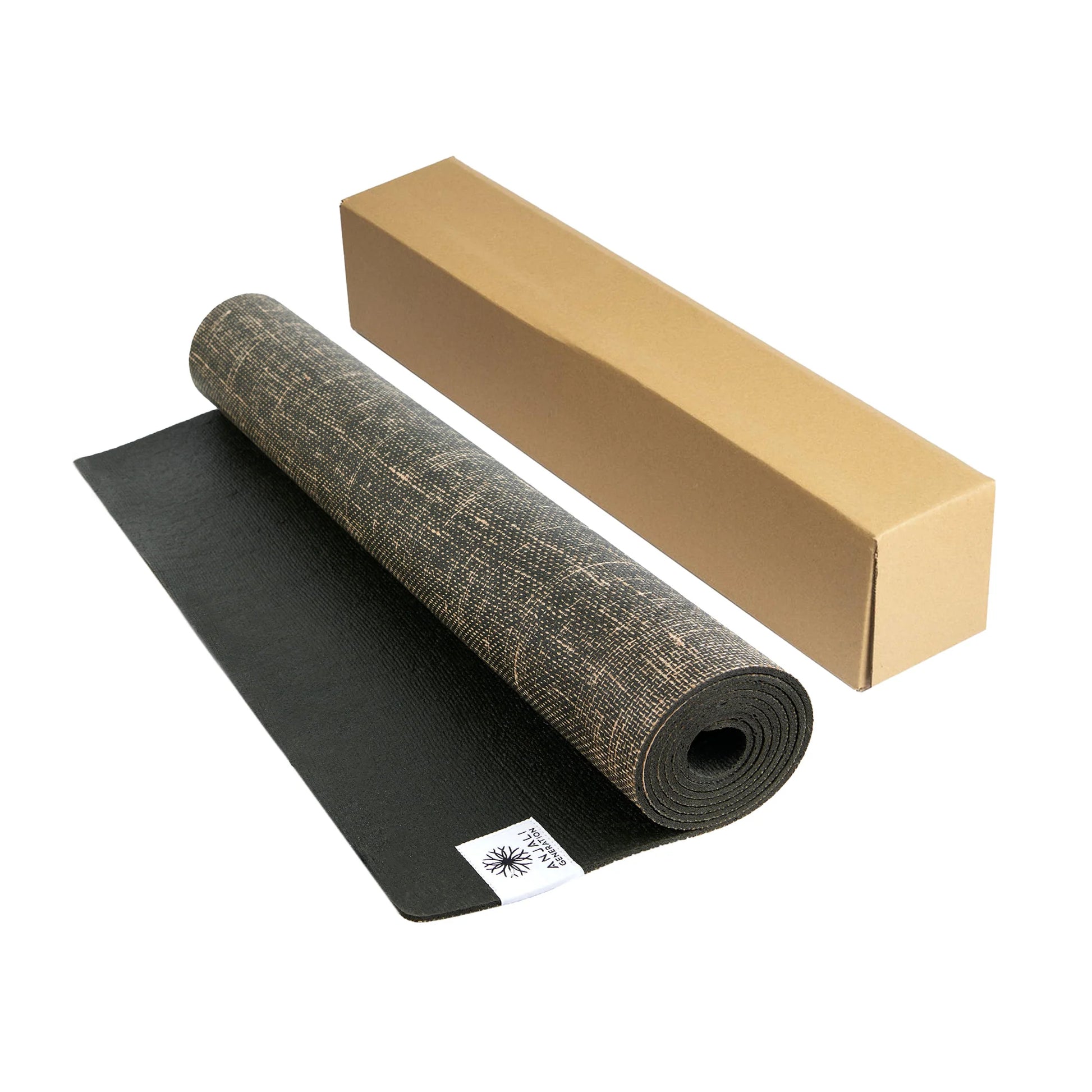Anjali Generation natural jute yoga mat and packaging box on a white background