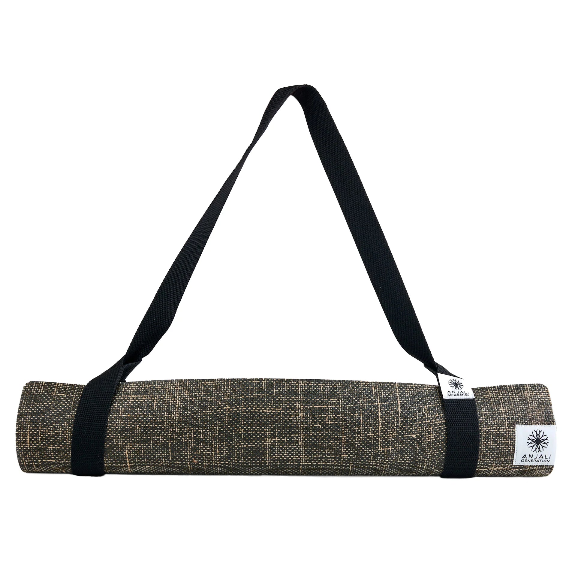 Yoga mat with black strap and visible Anjali Generation brand logo on a white background