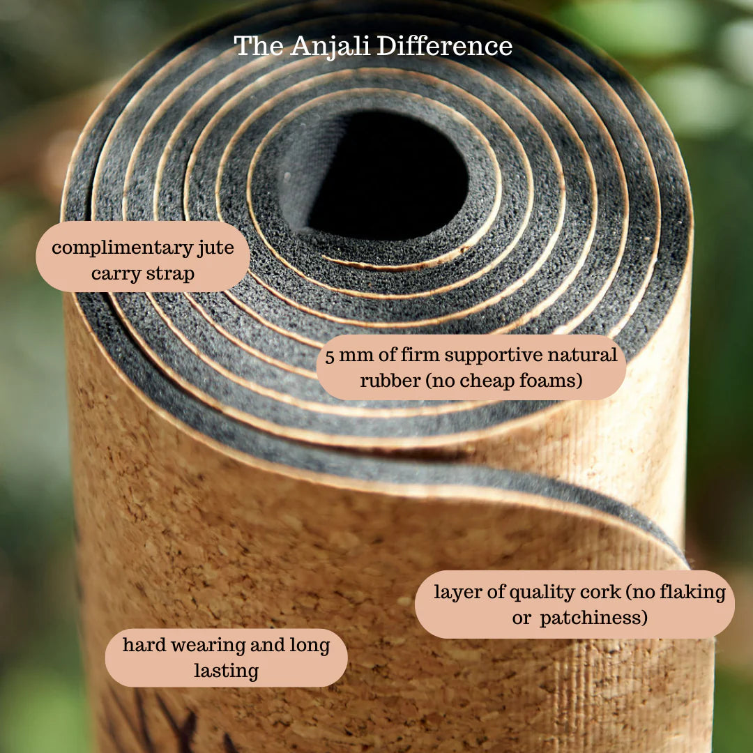 Anjali Generation luxury cork yoga mat with text highlighting features like jute strap, natural rubber, and cork layer.