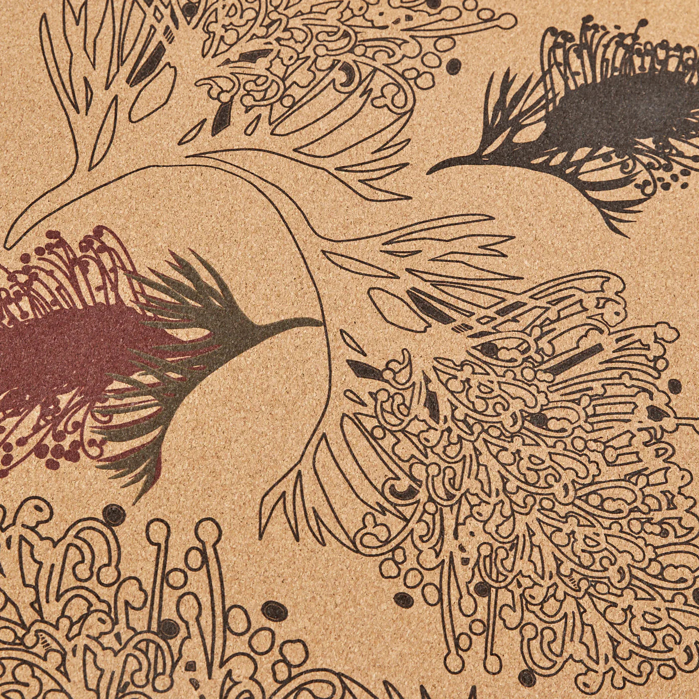 Artistic depiction of grevillea tree on a Anjali Generation cork yoga mat