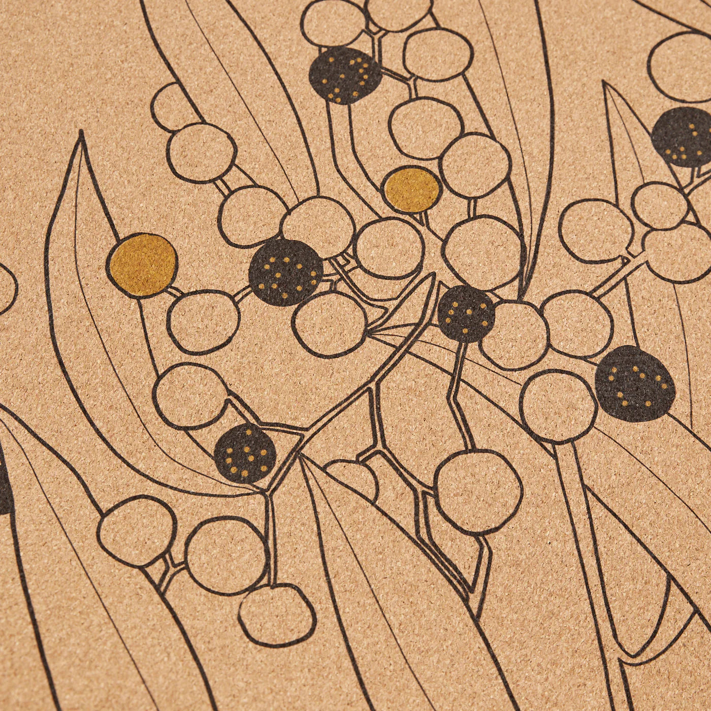 Artistic depiction of wattle tree on an Anjali Generation cork yoga mat