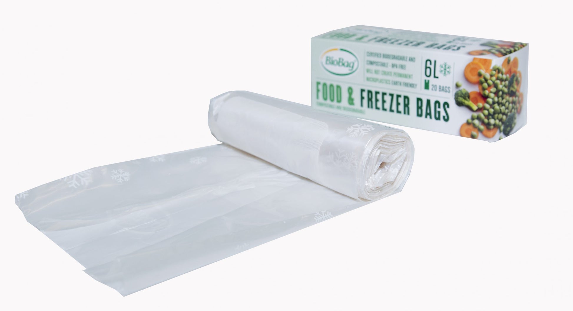 Roll of clear BioBag 6L food and freezer bags with a box labeled 'Food & Freezer Bags' on a white background.