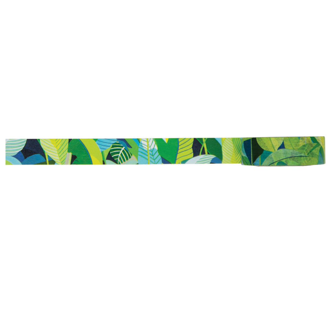 Narrow strip of Earth Greetings Breathe design washi tape with green leaf pattern on a white background