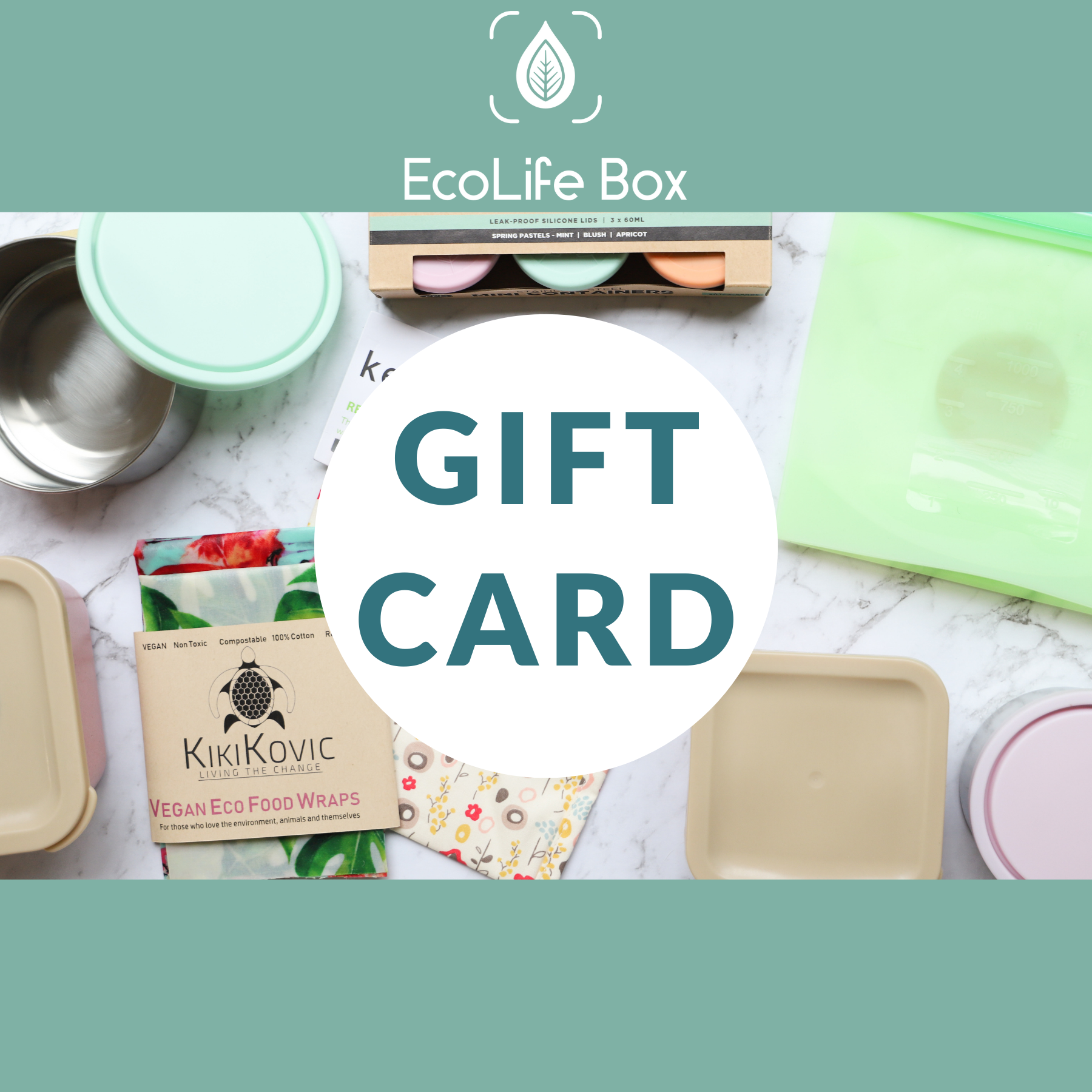 EcoLife Box gift card with eco-friendly products on a marble surface.