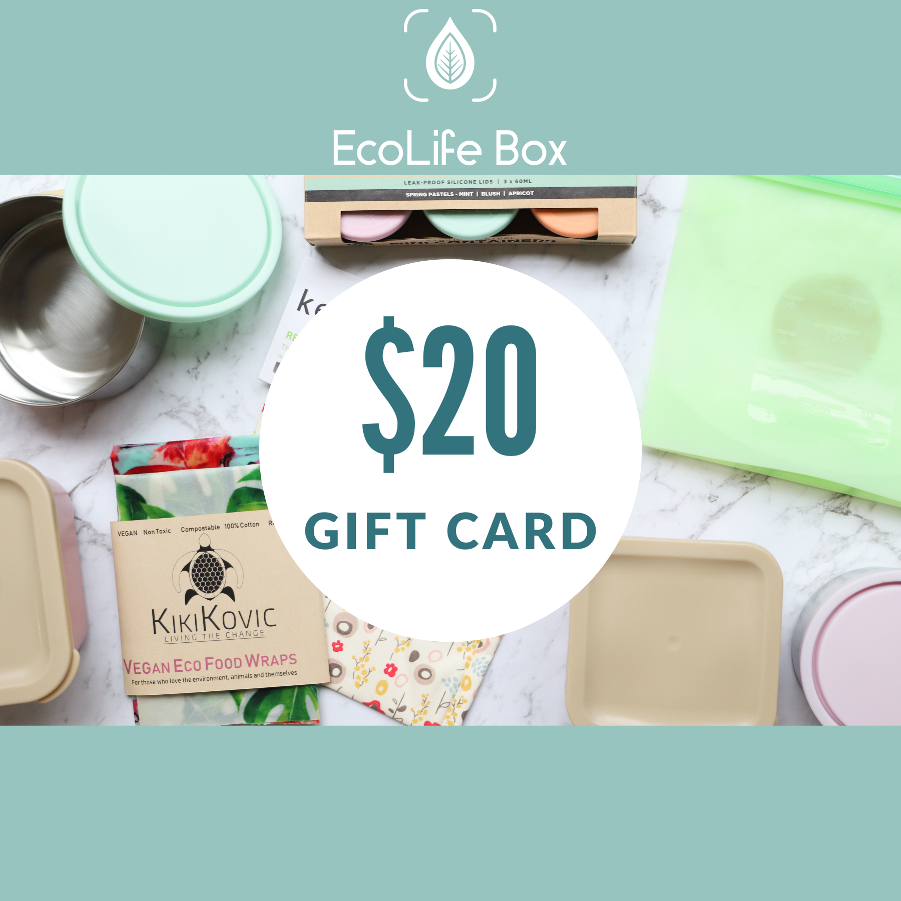 EcoLife Box $20 gift card with eco-friendly products with a on a marble surface.
