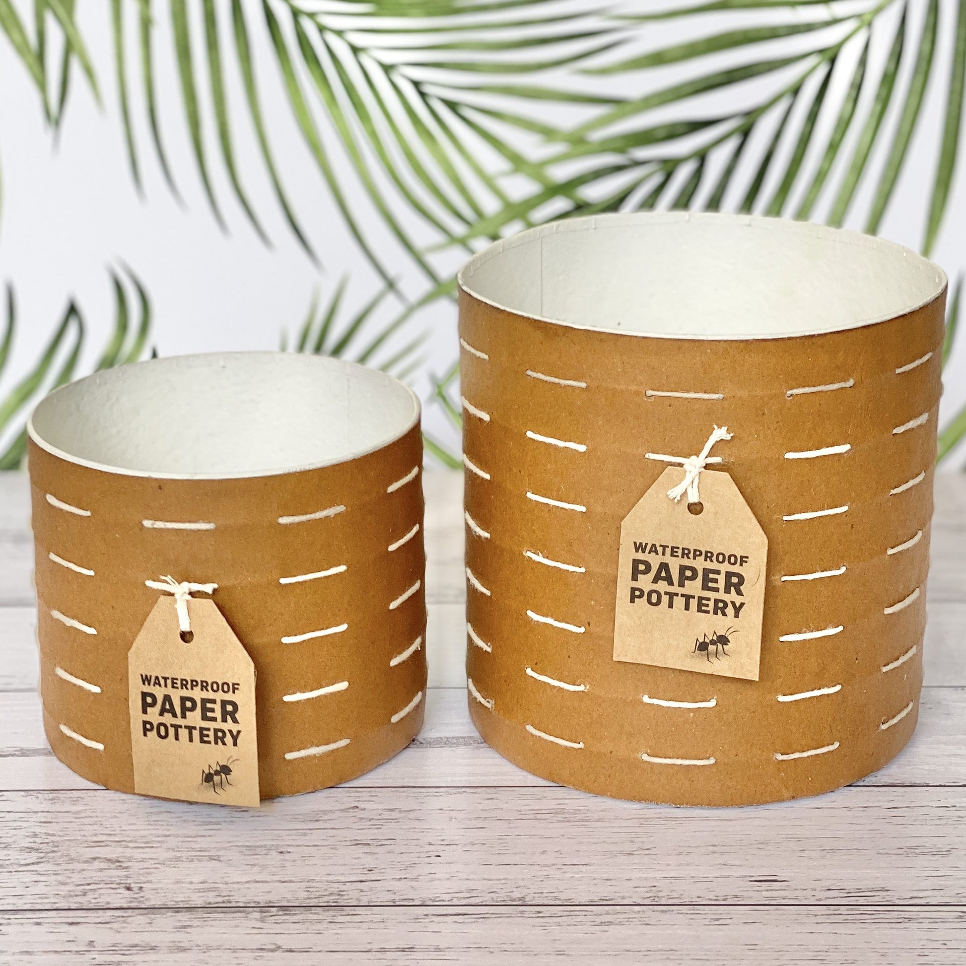 Two EcoMax paper pots in brown with white stitches, sizes small and medium, on a wooden surface with green leaves in the background.
