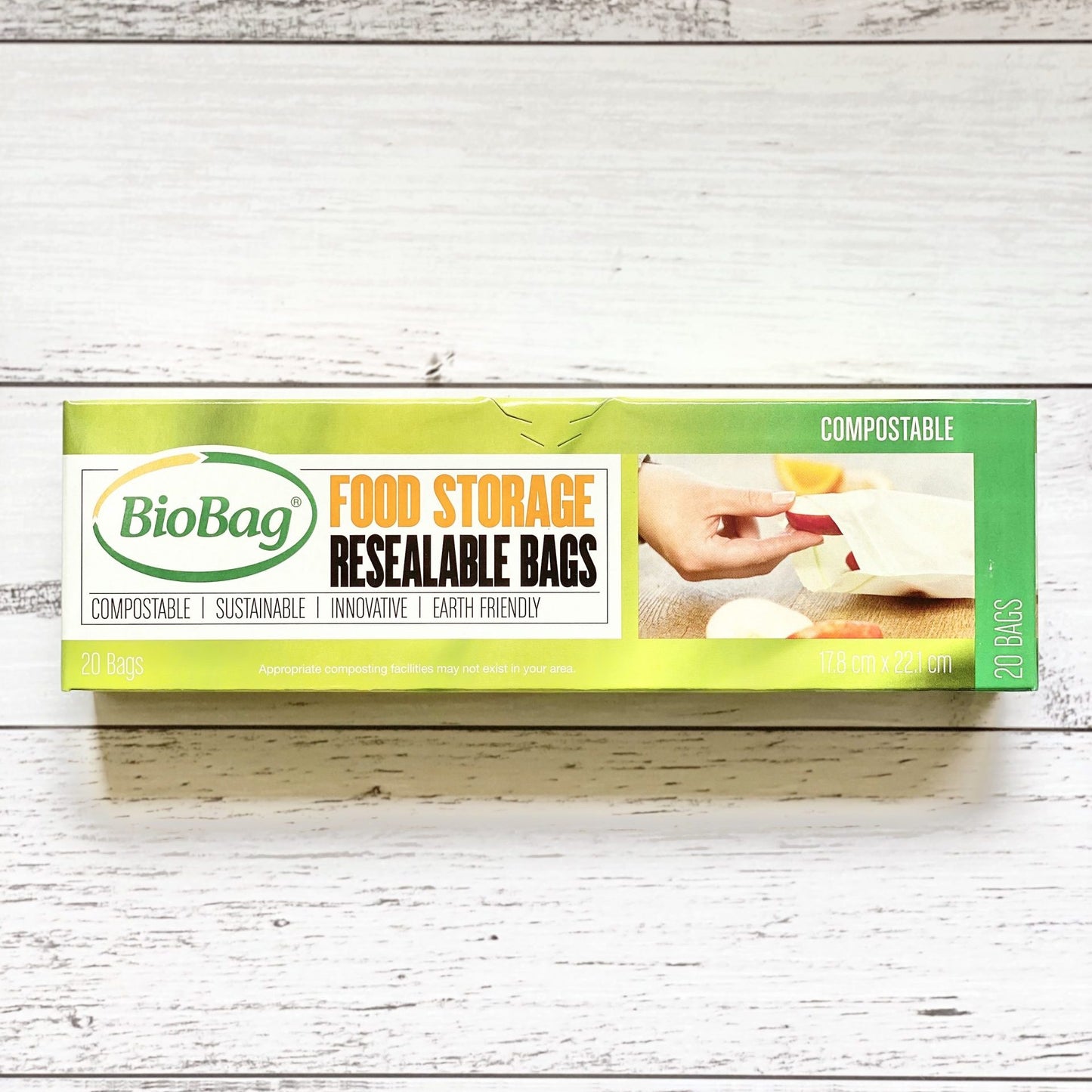 Box of BioBag resealable food storage bags on a white wooden surface
