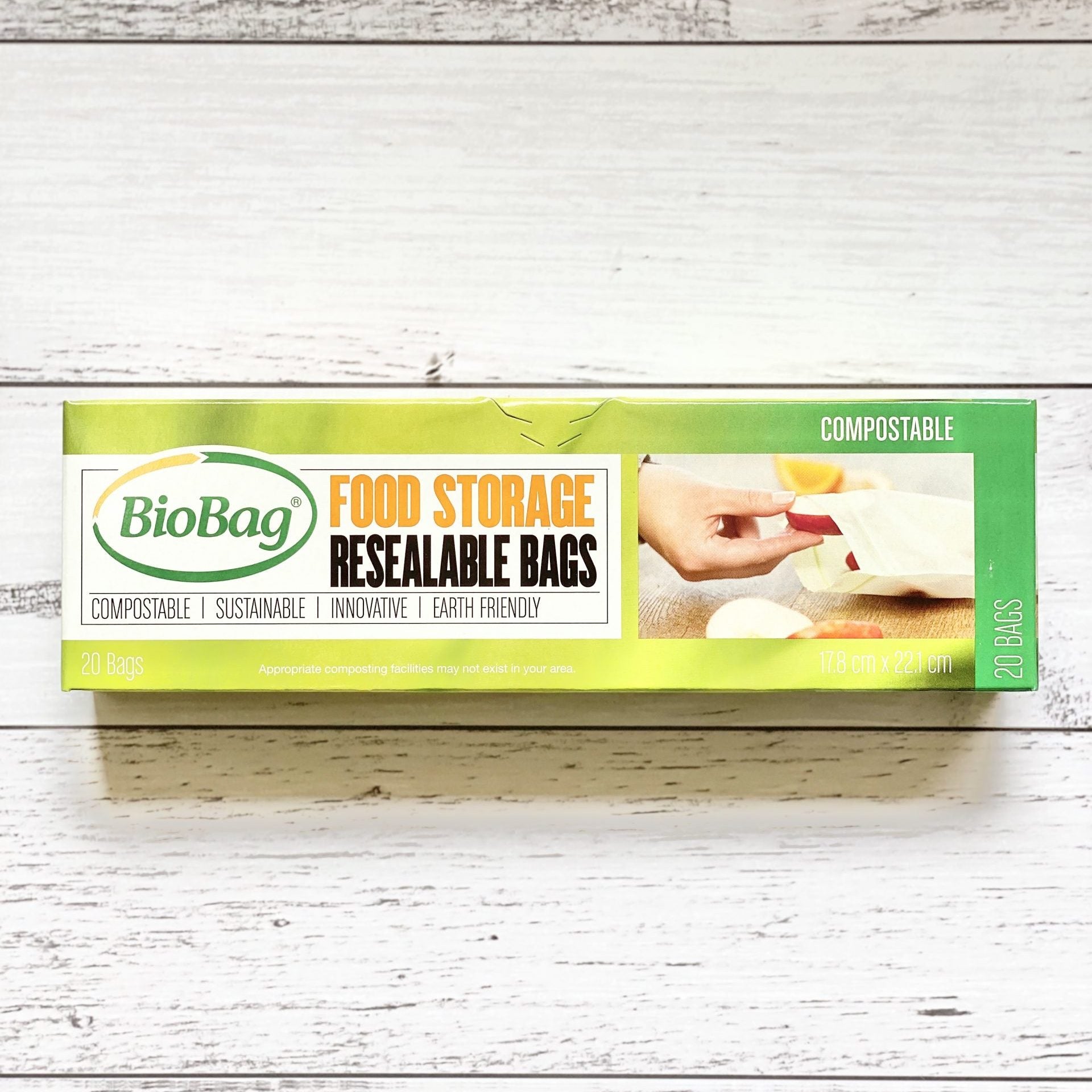 Box of BioBag resealable food storage bags on a white wooden surface