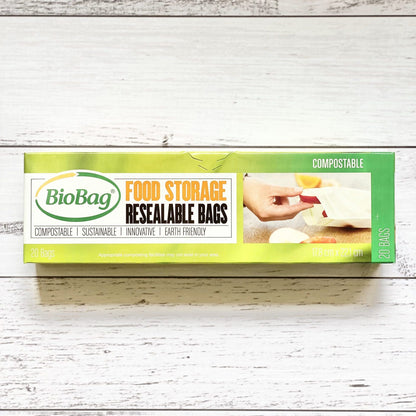 Box of BioBag resealable food storage bags on a white wooden surface