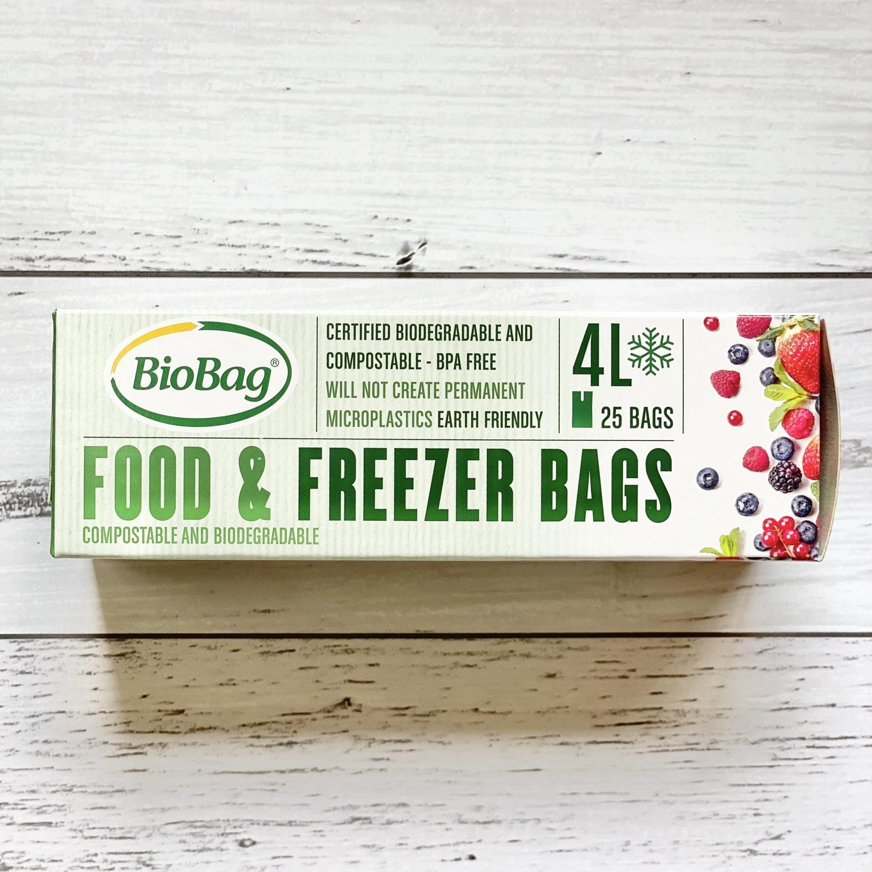 BioBag 4L food and freezer bags packaging on a wooden surface