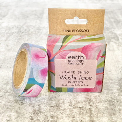 Earth Greetings Pink Blossom Washi tape with floral design and packaging on a textured surface