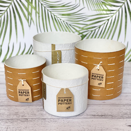 Set of Eco Max paper pottery with tags on a wooden surface and leafy background