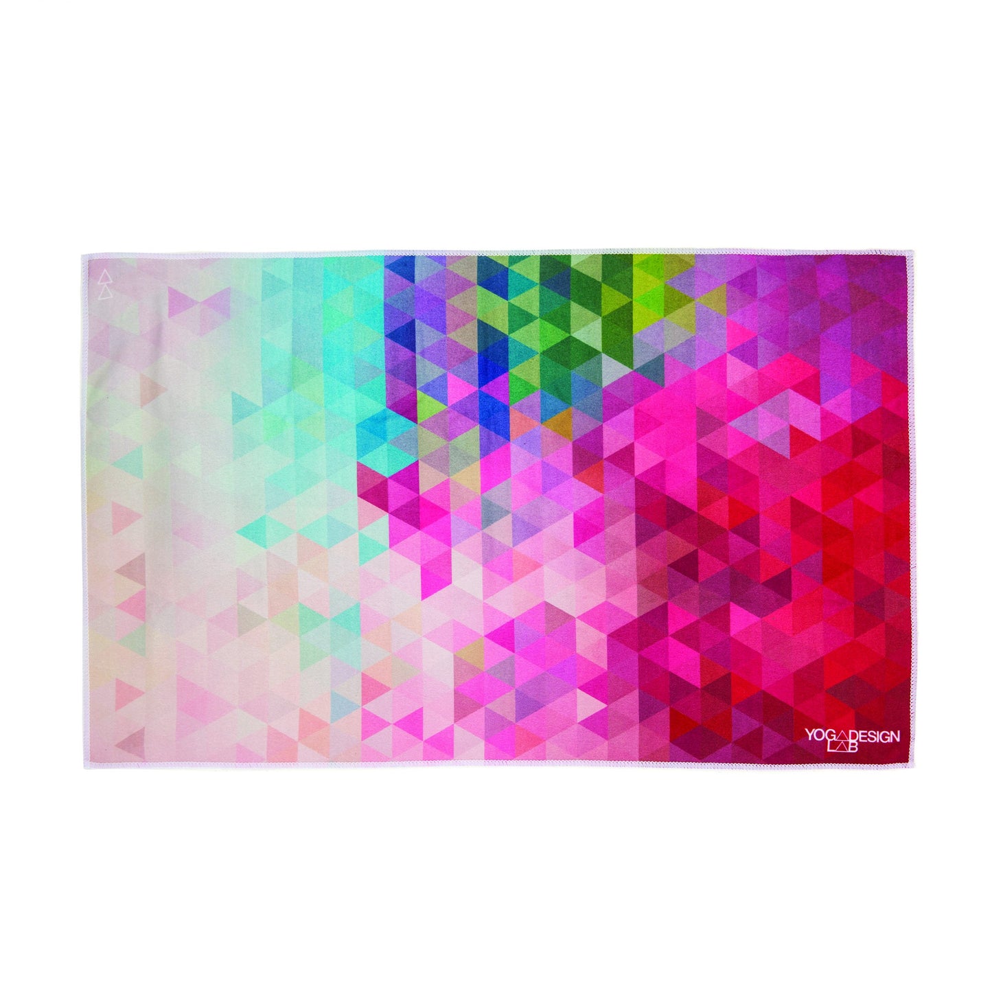 Yoga Design Lab yoga towel in colorful geometric patterned mat with 'Yoga Design' logo on a white background